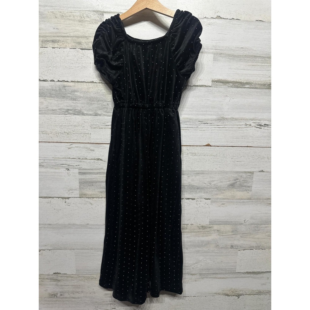 Tahari Velvet Jumpsuit Girls Size 6 Black Silver Glitter Flutter Sleeve NWT
